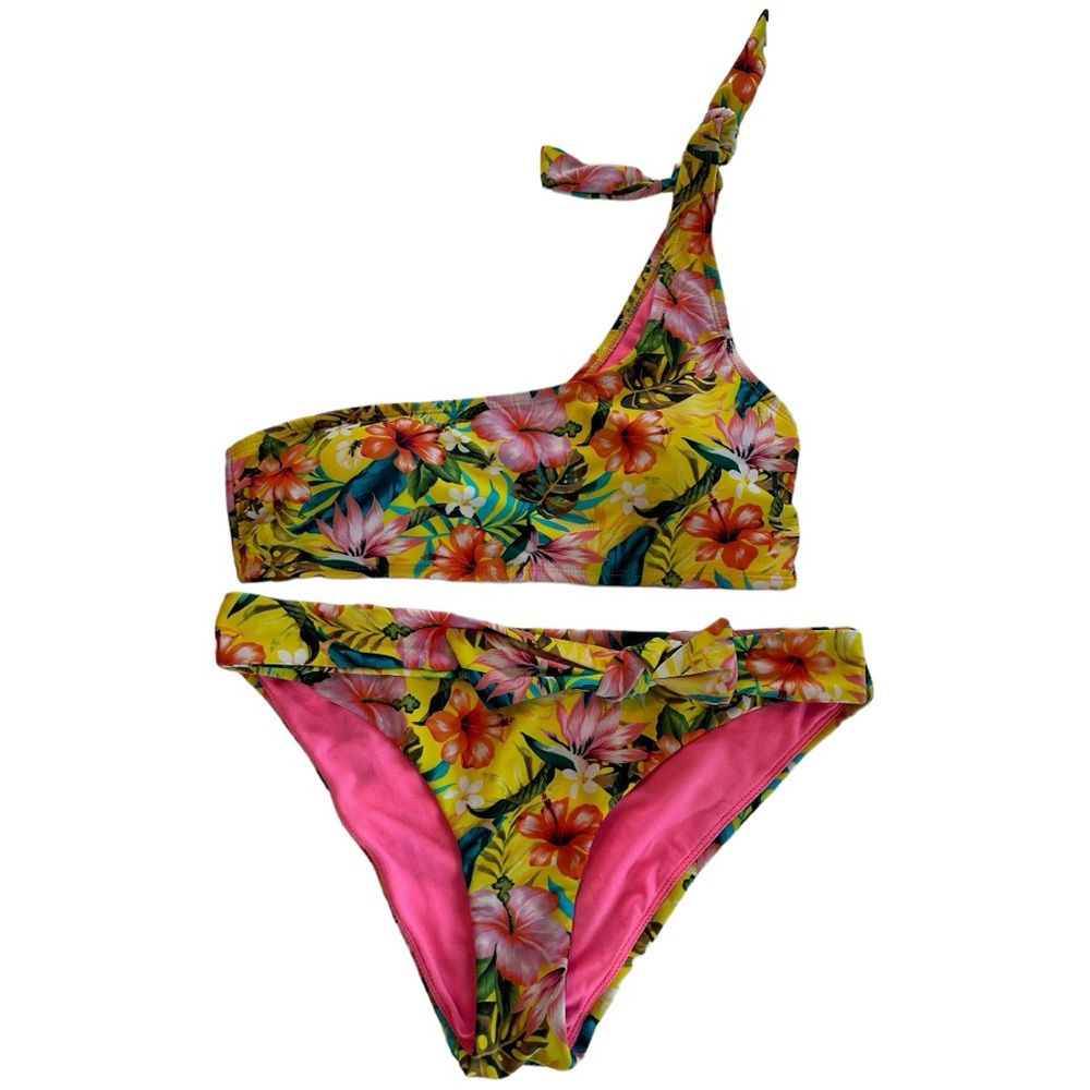 Heat Women’s One Shoulder Tie Tropical 2 Piece Bikini Swimsuit Sz M